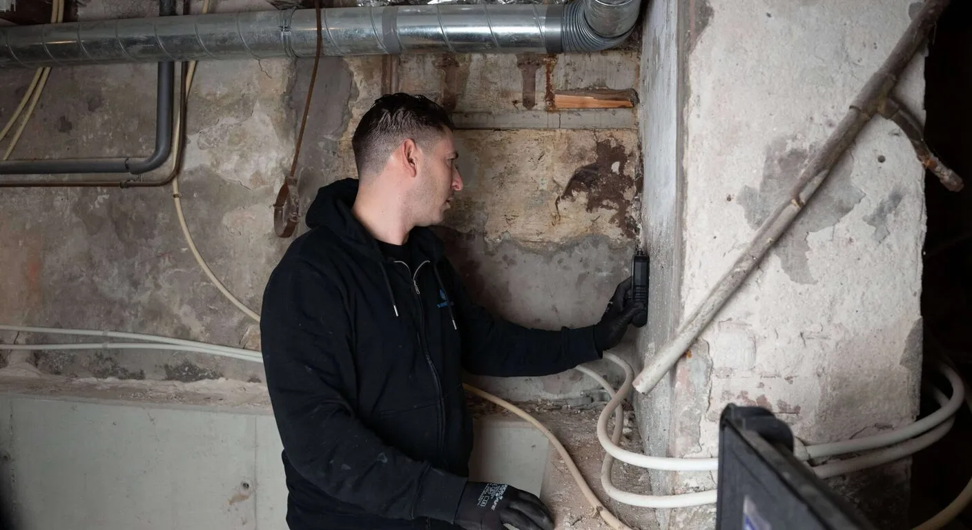 Specialist van Fizzee Groep inspecteert een vochtige kelderwand onder het leidingwerk