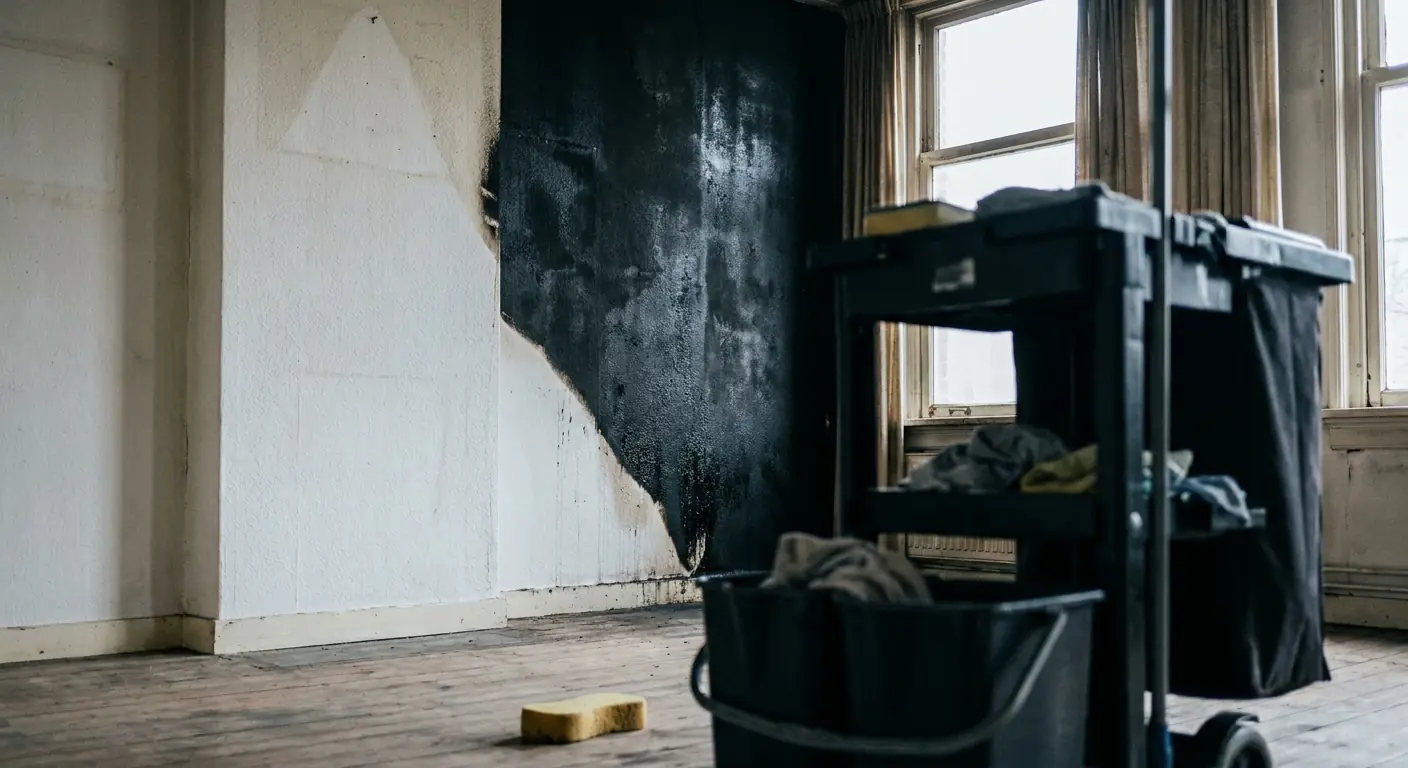 Roetaanslag op een wand naast een schoonmaakwagen in een uitgebrande ruimte