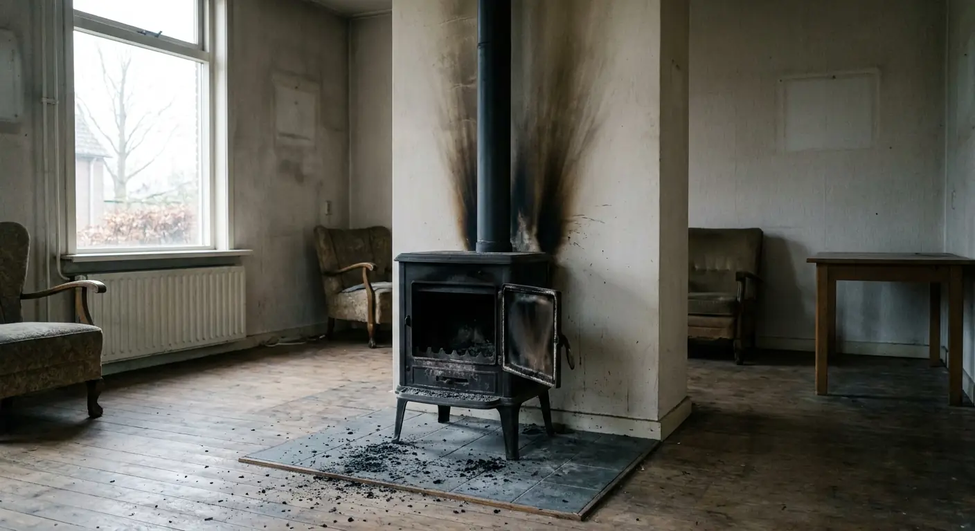 Houtkachel met roetaanslag die vanaf de kachelpijp over de schoorsteenborst uitwaaiert