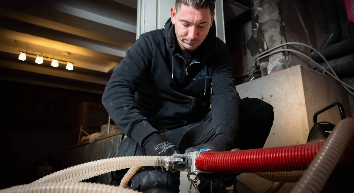Specialist van Fizzee Groep sluit een droogslang aan op een verdeelstuk in een leeggehaalde ruimte